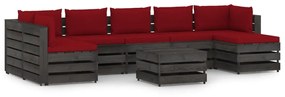 Set mobilier de gradina cu perne, 8 piese, gri, lemn tratat wine red and grey, 8