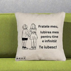 Cadou pentru Frate - Perna Personalizata Fratele Meu Te Iubesc Copii Tinand Maini Line Art, 40x40 cm, Bej Canapea, Husa Detasabila, Perna Inclusa, BEKZ®