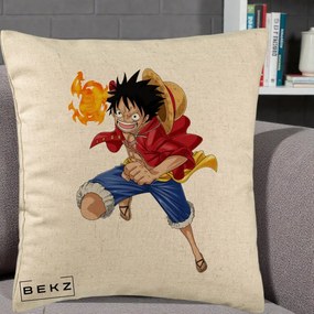 Perna Personalizata One Piece Luffy Gear Second Foc, 40x40 cm, Bej, Husa Detasabila, Perna Inclusa, BEKZ®