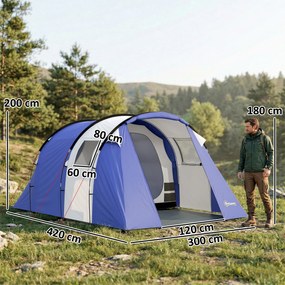 Outsunny Cort de camping pentru 4 persoane, 2 camere, impermeabil 3000mm, cu podea și sac, 420x300x200cm, Albastru închis | Aosom Romania