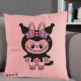 Perna Personalizata Labubu x Kuromi, 40x40 cm, Roz, Husa Detasabila, Perna Inclusa, BEKZ®