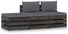 3068180 vidaXL Set mobilier de grădină cu perne, 3 piese, gri, lemn tratat