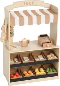 AIYAPLAY Magazin de jucărie din lemn pentru copii, tarabă cu alimente, tablă, 61 accesorii, 3-8 ani, culoare lemn | Aosom Romania