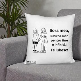 Cadou pentru Sora - Perna Personalizata Sora Mea Te Iubesc Copii Tinand Maini Line Art, 40x40 cm, Alb Pufos, Husa Detasabila, Perna Inclusa, BEKZ®