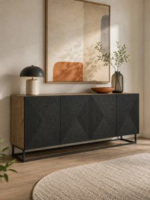 Comodă Asha 200 cm cu patru uși - artisan / negru mat / cadru negru