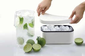 Cutie pentru cuburi de gheata si recipient de depozitare Lekue 1010242, 132 cuburi, -20/+80 °C, Baza goală pentru a preveni condensul, Alb