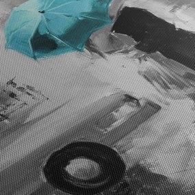 Tablou - Cuplu în dragoste cu umbrelă, albastru (cu ceas) (90x30 cm)
