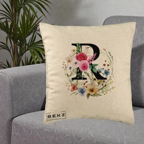 Cadou Personalizat - Perna Personalizata Monogram Litera R cu Flori Acuarela, 40x40 cm, Bej, Husa Detasabila, Perna Inclusa, BEKZ®