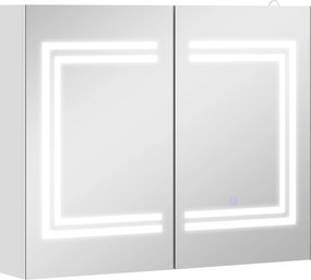 kleankin Oglindă Baie cu Dulap și LED, 80 x 65cm, Ușă Soft Close, Reglabilă pe 3 Culori, Rafturi Ajustabile, Alb Lucios | Aosom Romania