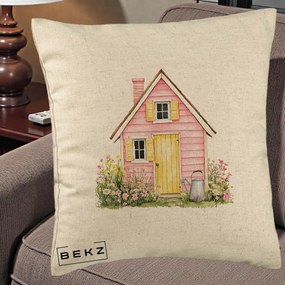 Perna Decorativa Casuta Roz Acuarela cu Gradina, 40x40 cm, Bej, Husa Detasabila, Perna Inclusa, BEKZ®