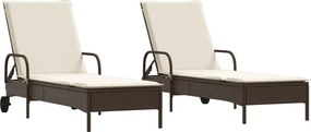 vidaXL Șezlonguri de plajă cu perne, 2 buc., maro, poliratan