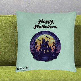 Perna Decorativa Happy Halloween Casa Bantuita Violet, 40x40 cm, Verde Menta, Husa Detasabila, Perna Inclusa, BEKZ®