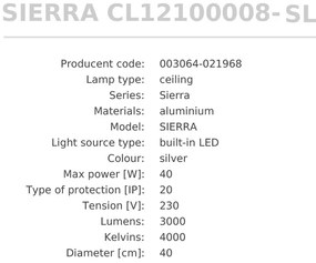 Plafoniera LED moderna SIERRA argintiu, diametru 40cm
