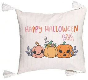 Perna Decorativa cu Franjuri cu motiv Dovleac si Text de Halloween, Multicolor, 45x45 cm, Ecru, Cu fermoar