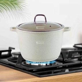 Oala adanca Goldmann GM-0624B, 24 cm, 6.2 l, Acoperire neaderenta din marmura, Capac cu deschidere, Inductie, Bej