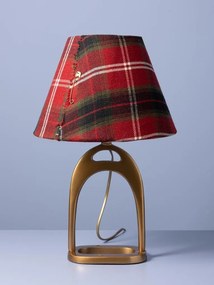 Lampă de masă din lână multicoloră, cu structură din metal auriu, abajur în carouri, finisaj vintage, 29×15×9,5 cm, „Stirrup"