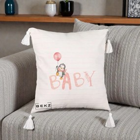 Perna Personalizata Baby Pinguin Roz, 40x40 cm, Bej cu Franjuri, Husa Detasabila, Perna Inclusa, BEKZ®