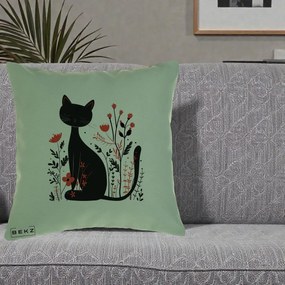 Perna Decorativa Pisica Neagra Flori Rosii Folk Minimal, 40x40 cm, Verde, Husa Detasabila, Perna Inclusa, BEKZ®
