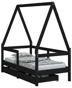 834473 vidaXL Cadru de pat copii cu sertare, negru, 70x140 cm, lemn masiv pin