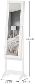 Dulap cu oglinda HOMCOM, pentru bijuterii, spatiu mare de stocare, MDF 36x30x136cm | Aosom RO