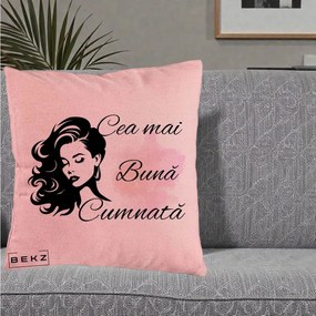 Cadou pentru Cumnata - Perna Personalizata Cea mai Buna Cumnata cu Silueta Dama si Pete Roz, 40x40 cm, Roz, Husa Detasabila, Perna Inclusa, BEKZ®
