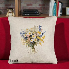 Perna Decorativa Buchet Camp Acuarela Margarete-Lavanda, 40x40 cm, Bej Canapea, Husa Detasabila, Perna Inclusa, BEKZ®