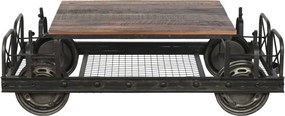 Măsuță de cafea dreptunghiulară din lemn și metal, natur și negru, pe roți, cu raft din plasă, 48 x 147 x 76 cm, „Ferros” – Ethnic Collections