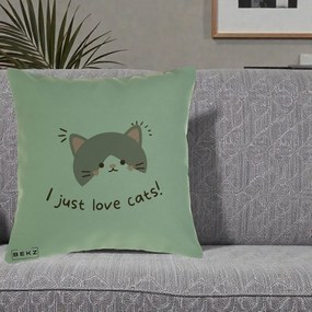 Perna Personalizata I Just Love Cats Pisica Kawaii, 40x40 cm, Verde, Husa Detasabila, Perna Inclusa, BEKZ®