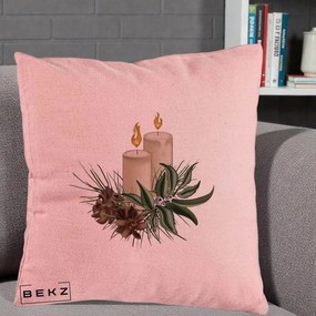 Perna Decorativa Lumanari cu Ilex si Conuri Ilustratie, 40x40 cm, Roz, Husa Detasabila, Perna Inclusa, BEKZ®