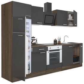 Mobilă de bucătărie Yorki 270, corp din stejar Yorki, față antracit satinat cu element cuptor inferior și frigider cu congelator superior