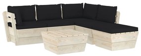 Set mobilier gradina din paleti cu perne, 6 piese, lemn molid Negru, 2x colt + 2x mijloc + suport pentru picioare + masa, 1
