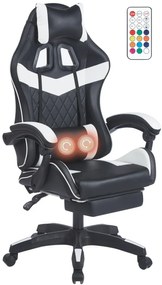 Scaun gaming, sistem iluminare bandă LED RGB, masaj în perna lombară, suport picioare, Negru/Alb