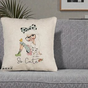 Perna Decorativa So Cute Fata Fashion, 40x40 cm, Bej Canapea, Husa Detasabila, Perna Inclusa, BEKZ®