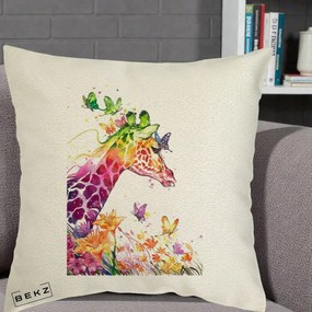 Perna Decorativa Girafa Curcubeu Acuarela, 40x40 cm, Ecru, Husa Detasabila, Perna Inclusa, BEKZ®