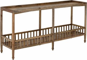 Consolă hol eclectică din lemn de mango, natur, cu raft jos cu balustradă, blat cu bordură și 6 picioare, 80 x 168 x 43 cm, „Sali”