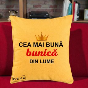 Cadou pentru Bunica - Perna Personalizata Cea Mai Buna Bunica Din Lume Coroana Aurie, 40x40 cm, Galben, Husa Detasabila, Perna Inclusa, BEKZ®