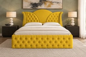 Pat tapițat Chesterfield din catifea Velora Deluxe Classic 140×200 cm, galben muștar, cu ladă de depozitare