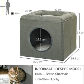 PawHut Căsuță pentru Pisici cu 2 Nivele și Pernă din Pluș, din Lemn, Poliester și Plastic, 36.5x36.5x33 cm, Verde | Aosom Romania