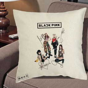 Perna Personalizata K-pop BLACKPINK Fotografie Grup Autografe Toate Membre, 40x40 cm, Ecru, Husa Detasabila, Perna Inclusa, BEKZ®