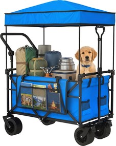 Outsunny Cărucior de grădină pliabil cu roți mari blocabile bară reglabilă suport pentru pahare pentru camping 125x59x133 cm Albastru | Aosom Romania