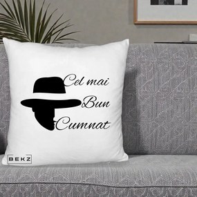 Cadou pentru Cumnat - Perna Personalizata Cel mai Bun Cumnat cu Silueta Palarie, 40x40 cm, Alb Pufos, Husa Detasabila, Perna Inclusa, BEKZ®