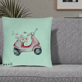Perna Decorativa Scuter Roz cu Flori Acuarela, 40x40 cm, Verde Menta, Husa Detasabila, Perna Inclusa, BEKZ®