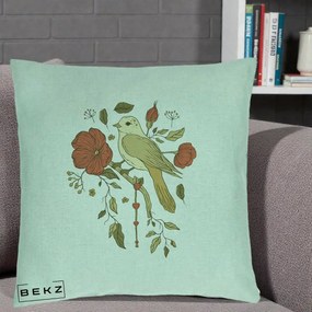 Perna Decorativa Pasare pe Ramura cu Maci, 40x40 cm, Verde Menta, Husa Detasabila, Perna Inclusa, BEKZ®