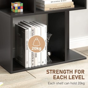 HOMCOM Bibliotecă cu 5 Rafturi Divizate în Formă de S din Lemn, 60x24x184.5 cm, Negru | Aosom Romania