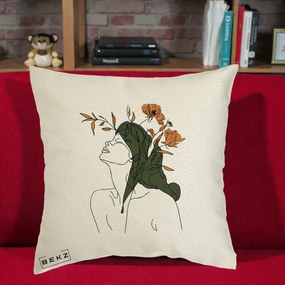Perna Decorativa Portret Feminin Profil Flori Portocalii, 40x40 cm, Ecru, Husa Detasabila, Perna Inclusa, BEKZ®