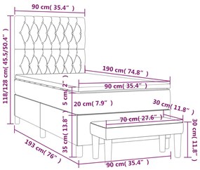 Pat box spring cu saltea, gri deschis, 90x190 cm, catifea Gri deschis, 90 x 190 cm, Design cu nasturi