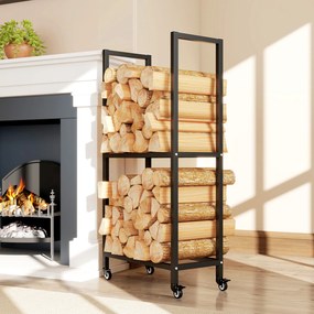 Outsunny Suport pentru Lemne de Foc Exterior și Interior din Oțel pe Două Nivele și cu Roți Negru | Aosom Romania