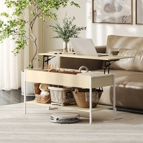 HOMCOM Masă de Cafea Extensibilă cu Închidere Blândă Spațiu Ascuns de Depozitare și Raft Deschis 95x40x59 cm Lemn Natural și Alb | Aosom Romania