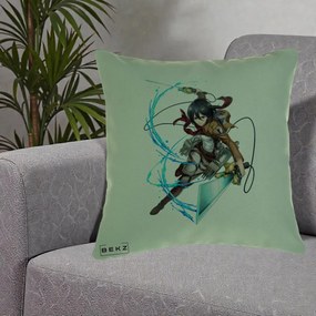 Perna Personalizata Attack on Titan Mikasa Ackerman Lupta, 40x40 cm, Verde, Husa Detasabila, Perna Inclusa, BEKZ®