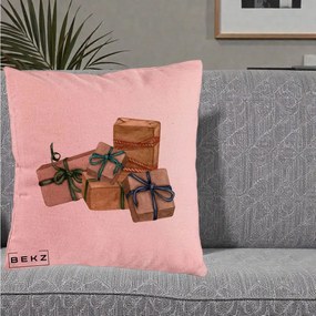 Perna Decorativa Cadouri de Craciun Kraft, 40x40 cm, Roz, Husa Detasabila, Perna Inclusa, BEKZ®